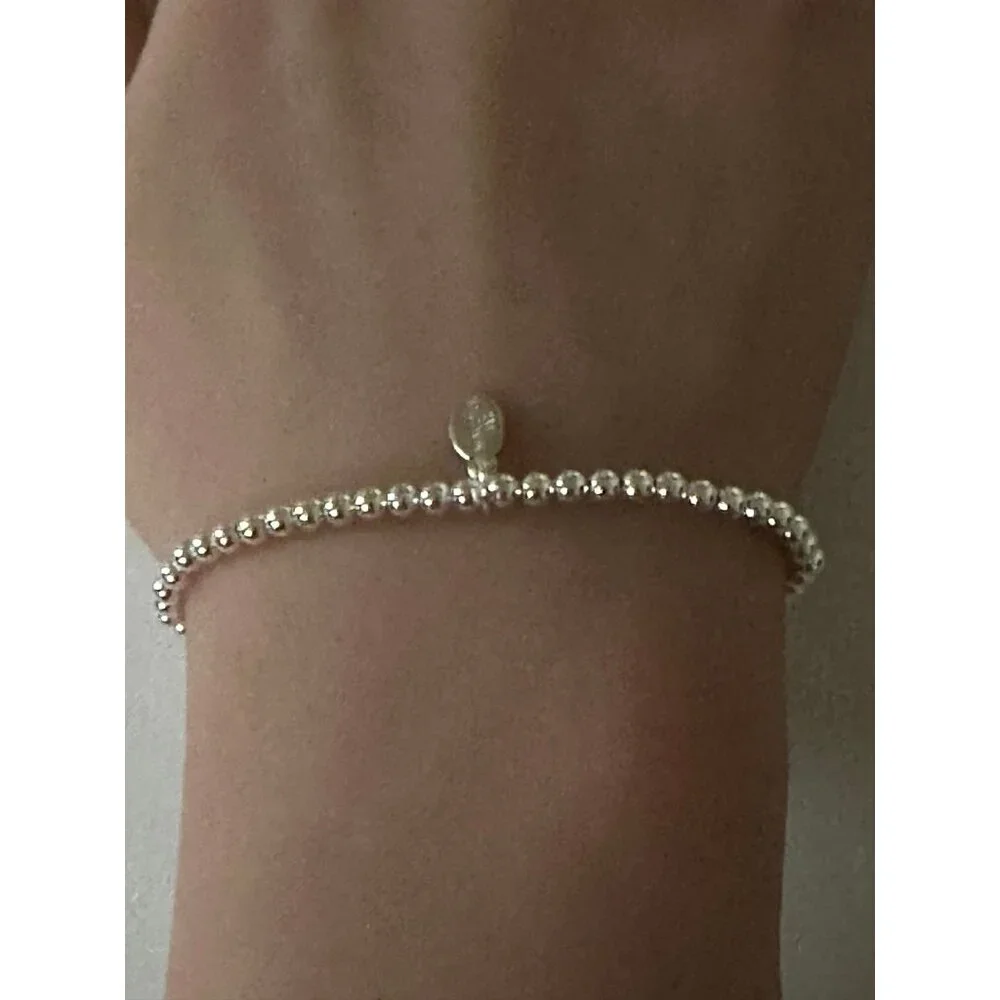 925 Sterling Silver Stretch Stacking Bracelet Blue Flower Charm Minimalist - Picture 4 of 4